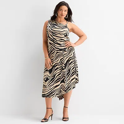 Ashley Graham Womens Plus Asymmetrical Neck Sleeveless Satin Striped Bodycon Dress In Silver