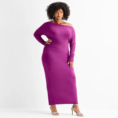 Ashley Graham Womens Plus Boat Neck Long Sleeve Dolman Bodycon Dress In Purple