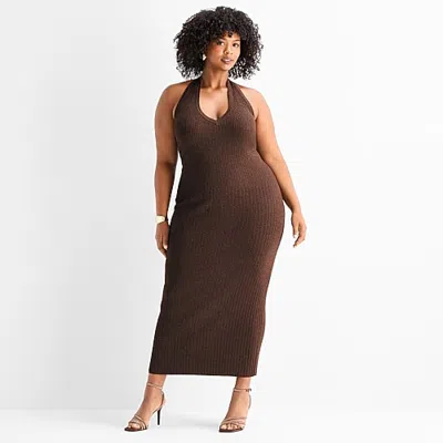 Ashley Graham Womens Plus Halter Neck Sleeveless Shift Dress In Brown