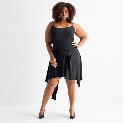 Ashley Graham Womens Plus High-low Square Neck Sleeveless Fit + Flare Dress In Black