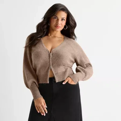 Ashley Graham Womens Plus Long Sleeve Button-down Shirt In Brown