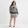Ashley Graham Womens Plus Long Sleeve Jacquard Bodycon Dress In Gray