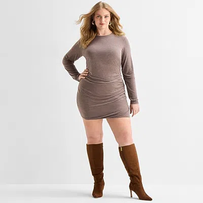 Ashley Graham Womens Plus Long Sleeve Sweater Dress In Brown