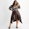 Ashley Graham Womens Plus Midi Faux Leather Asymmetrical Skirt In Brown