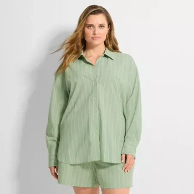Ashley Graham Womens Plus Regular Fit Button-down Shirt In Green