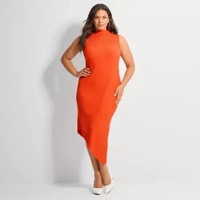 Ashley Graham Womens Plus Sleeveless High-low Sweater Dress In Orange