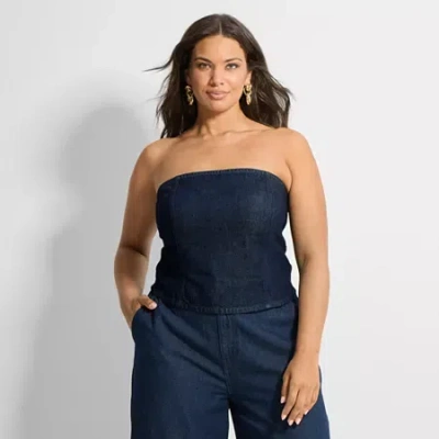 Ashley Graham Womens Plus Straight Neck Sleeveless Blouse In Blue
