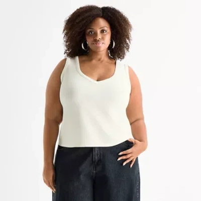 Ashley Graham Womens Plus U Neck Sleeveless Button-down Shirt In White