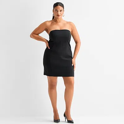 Ashley Graham Womens Plus V Neck Sleeveless Shift Dress In Black