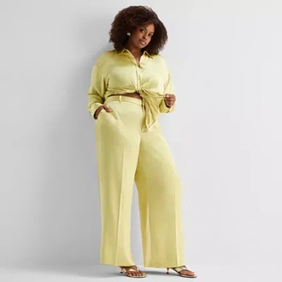 Ashley Graham Womens Straight Flat Front Pant In Yellow
