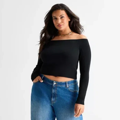Ashley Graham Womens Straight Neck Long Sleeve T-shirt In Black