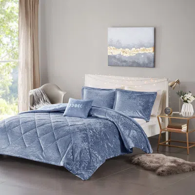 Ashley Intelligent Design Velvet Full/queen Comforter Set With Throw Pillow In Blue