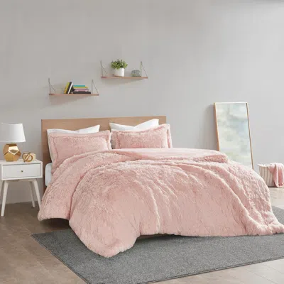 Ashley Leena Shaggy Fur King Duvet Cover Set In Pink