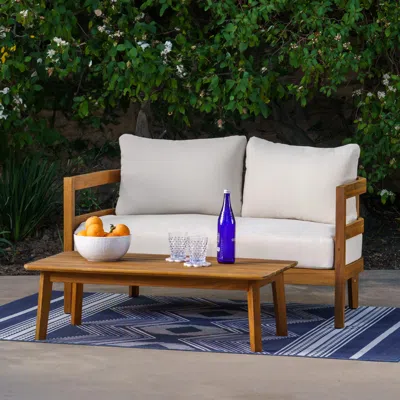 Ashley Linon Creston Outdoor Loveseat And Cocktail Table In Brown/beige