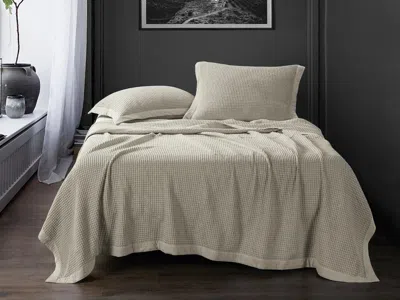 Ashley Luxe Queen Stonewashed Cotton Waffle Coverlet Set In Brown