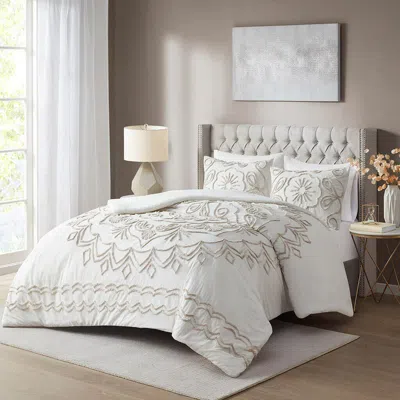 Ashley Madison Park Violette Full/queen 3 Piece Tufted Chenille Duvet Cover Set In White
