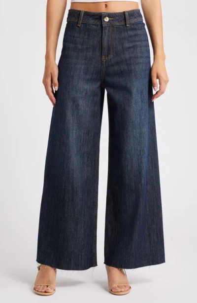 Ashley Mason Raw Hem Ankle Wide Leg Jeans In Dark Denim