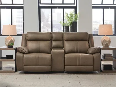 Ashley Max-media 3-piece Dual Power Reclining Modular Loveseat With Audio Console In Brown