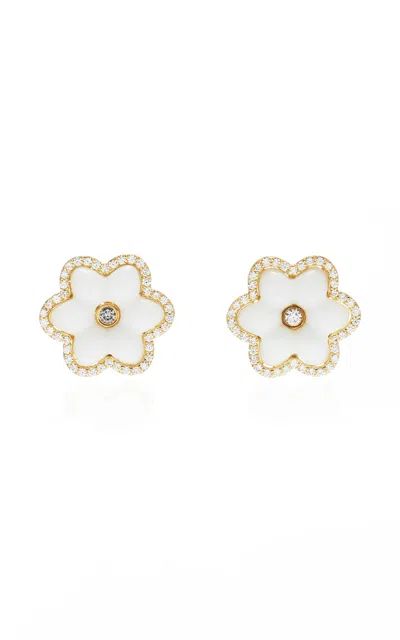 Ashley Mccormick 18k Yellow Gold Pave Diamond Agate Stud Earrings In White