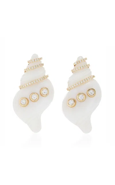 Ashley Mccormick Seashell 18k Yellow Gold Mother Of Pearl Diamond Earrings In White