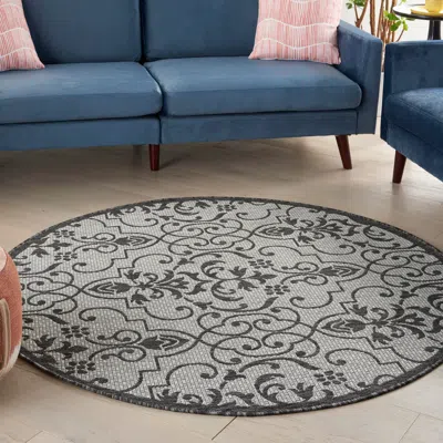 Ashley Nourison Country 5'3" Round Ivory/charcoal Bordered Indoor/outdoor Rug In Black