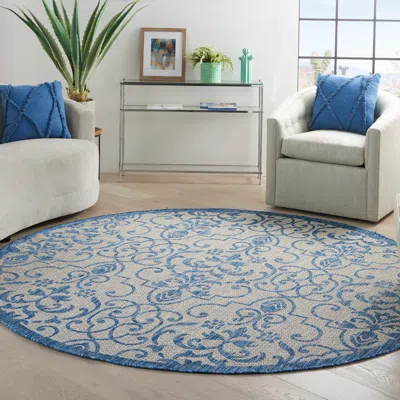 Ashley Nourison Country 7'10" Round Blue Bordered Indoor/outdoor Rug