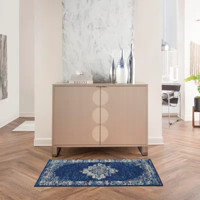 Ashley Nourison Home Grafix 2' X 4' Navy Blue Vintage Indoor Rug In Brown