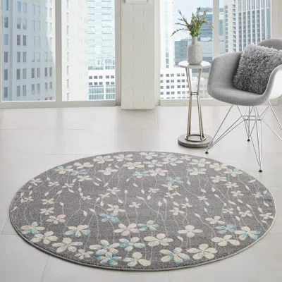 Ashley Nourison Tranquil Gray 5' Round Floral Area Rug In Multi
