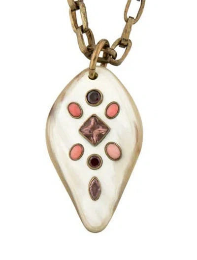 Pre-owned Ashley Pittman Horn,pink & Red Stone Pendant Necklace, 35" In Multicolor