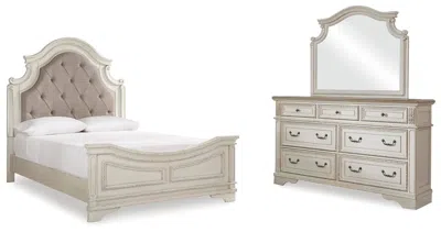 Ashley Realyn Queen Upholstered Panel Bed With Mirrored Dresser In Brown