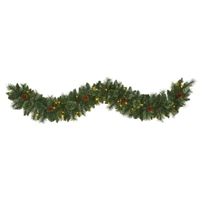 Ashley Sterling 6' White Mountain Pine Artificial Garland With 35 Warm Led Lights And Pinecones In Green