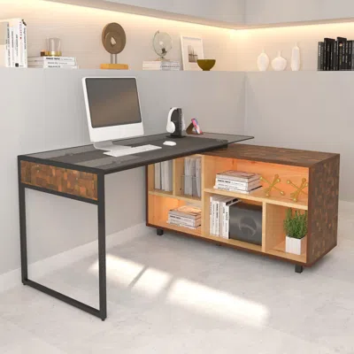 Ashley Techni Mobili L-shape Corner Desk With Multiple Storage In Brown