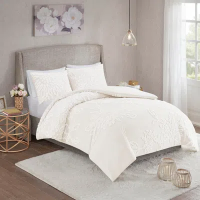 Ashley Veronica King/california King 3 Piece Tufted Chenille Floral Duvet Cover Set In White