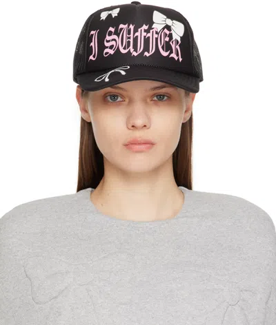 Ashley Williams Black 'i Suffer' Cap In Pink Font/white Bows