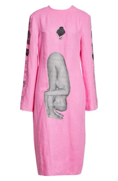 Ashley Williams Executioner Long Sleeve Linen Dress In Pink Linen