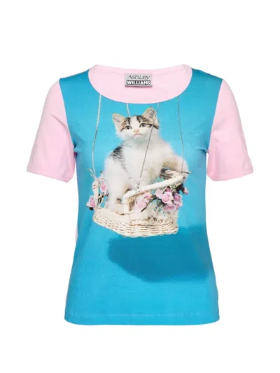 Ashley Williams Kitten-print Panelled T-shirt In Blue