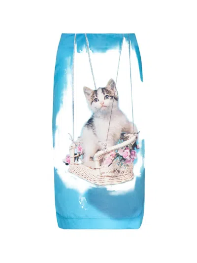 Ashley Williams Kitten-print Skirt In Blue