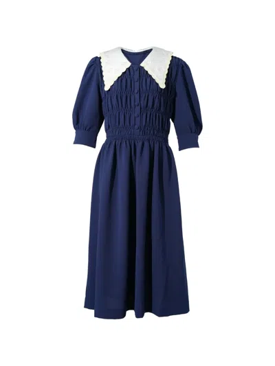 Ashley Williams Smocked Embroidered-collar Dress In Blue