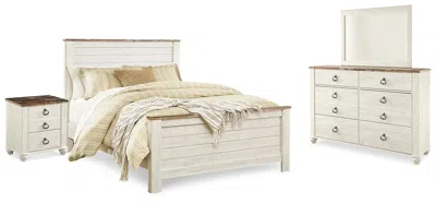 Ashley Willowton Queen Panel Bed With Mirrored Dresser And Nightstand In Neutral
