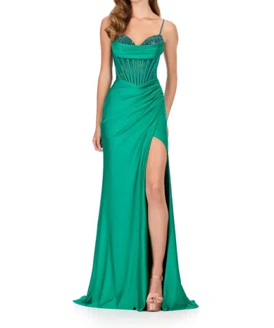 Ashleylauren Beaded Bustier Fitted Gown In Emerald In Green