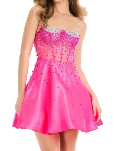 Ashleylauren Beaded Corset A-line Satin Dress In Hot Pink