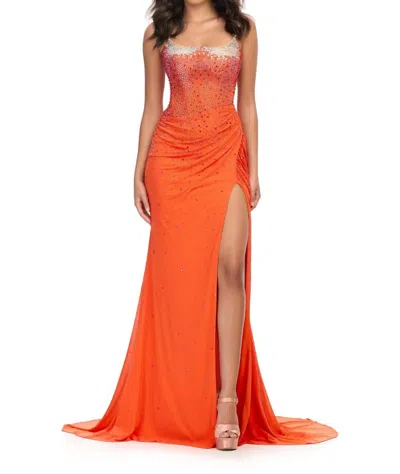 Ashleylauren Beaded Corset Spaghetti Strap Gown In Orange