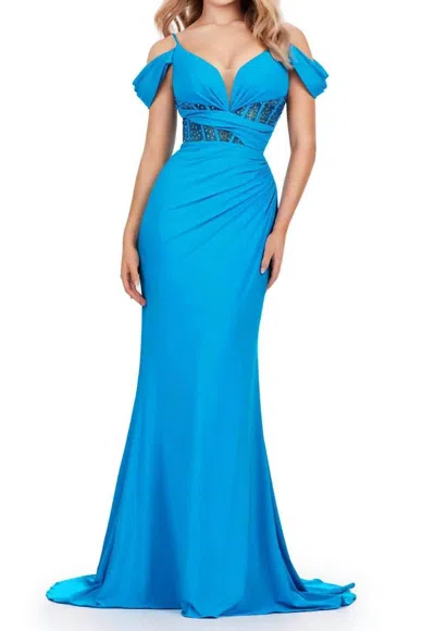 Ashleylauren Beaded Corset V-neck Prom Gown In Turquoise In Blue