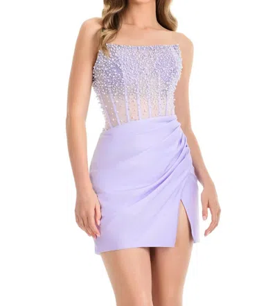 Ashleylauren Beaded Mesh Mini Dress In Lilac In Purple
