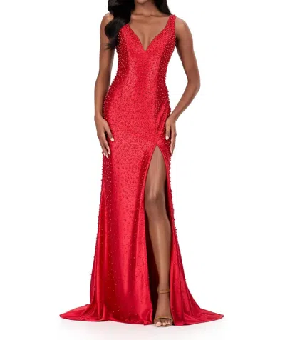 Ashleylauren Beaded V Neck Evening Gown In Red