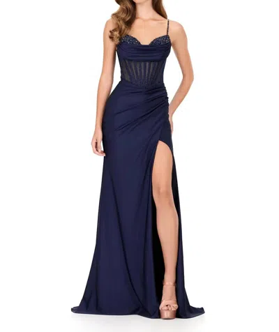 Ashleylauren Corset Beaded Bustier Gown In Navy In Blue