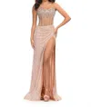 Ashleylauren Dazzling Fully Hand Beaded Gown In Nude