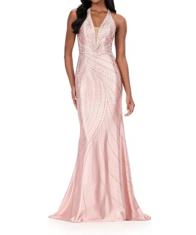 Ashleylauren Fitted Jersey Open Back Prom Gown In Champagne In Pink