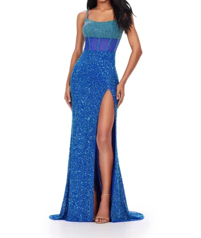 Ashleylauren Fully Beaded Corset Bustier Gown In Royal/turquoise In Blue