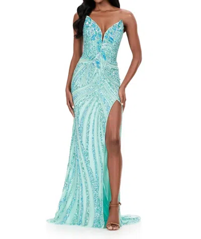 Ashleylauren Fully Beaded Lace-up Back Prom Dress In Aqua In Blue